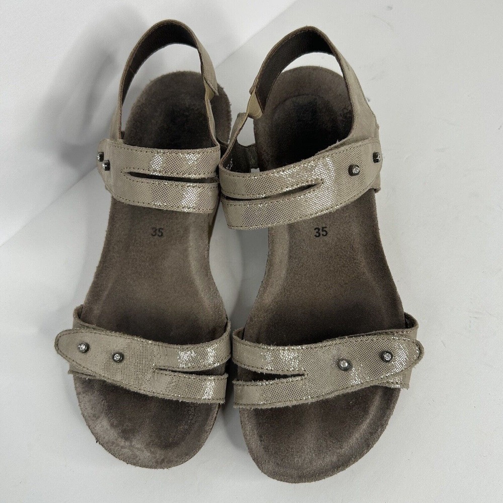 Mephisto Grey Metallic Sandals Strappy Low Wedge - Picture 2 of 6